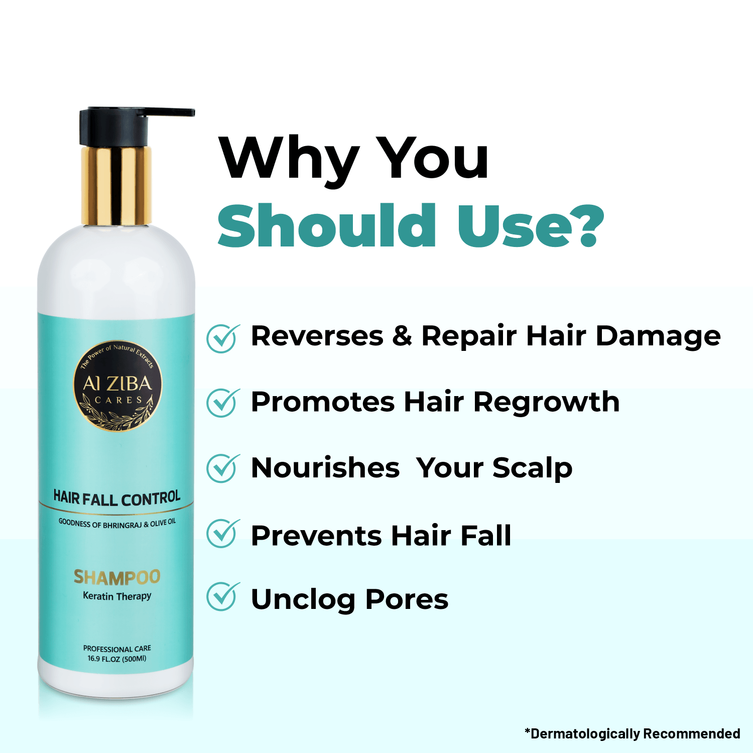 ALZIBA CARES Hair Fall Control Shampoo | Gives Upto 98% Less Hair Fall with Natural Bhringraj, Argan Oil and Vitamin B5 |Non-Toxic, Vegan, Gluten, Sulphate and Paraben Free | For Women & Men | 500ml - ALZIBA CARES