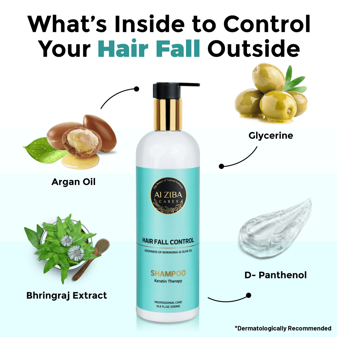 ALZIBA CARES Hair Fall Control Shampoo | Gives Upto 98% Less Hair Fall with Natural Bhringraj, Argan Oil and Vitamin B5 |Non-Toxic, Vegan, Gluten, Sulphate and Paraben Free | For Women & Men | 500ml - ALZIBA CARES
