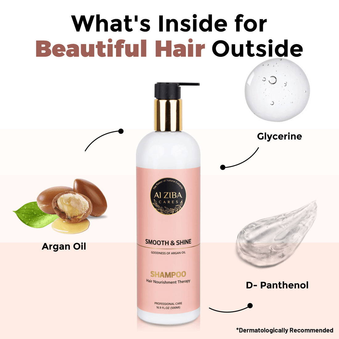 ALZIBA CARES Smooth & Shine Shampoo | 10x Time More Smoother Hair with Natural Argan Oil, Glycerine and Vitamin B5 | Non-Toxic, Vegan, Gluten, Sulphate and Paraben Free | For Women & Men | 500ml - ALZIBA CARES