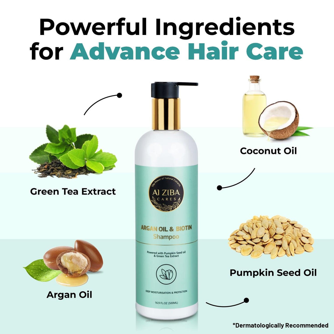 Argan Oil and Biotin Shampoo with Pumpkin Seed oil and Green Tea Extract - Deep Moisturisation and Protection - 500ML - ALZIBA CARES
