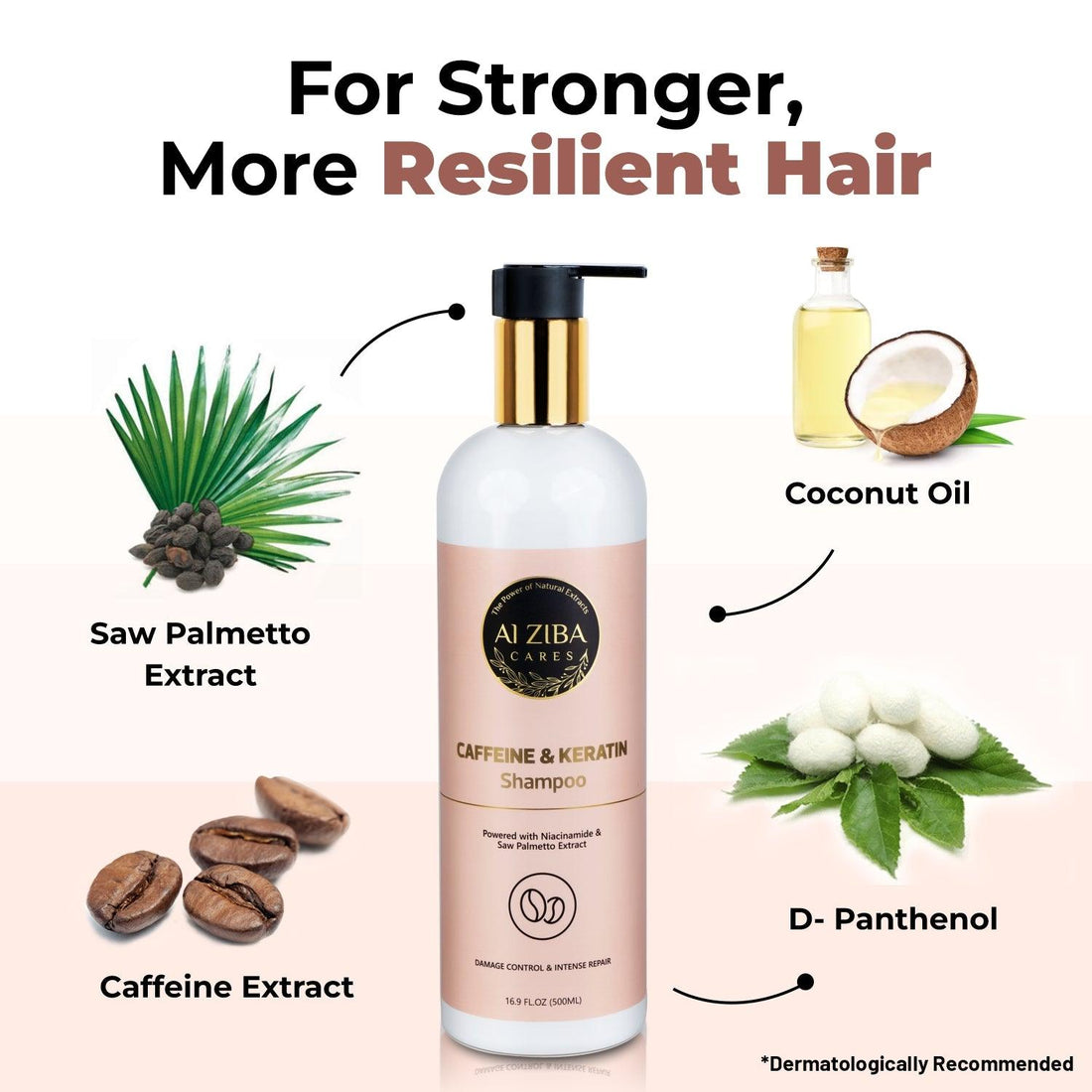 Caffeine and Keratin Shampoo with Niacinamide and Saw Palmetto Extract - Damage Control and Intense Repair - 500 ML - ALZIBA CARES