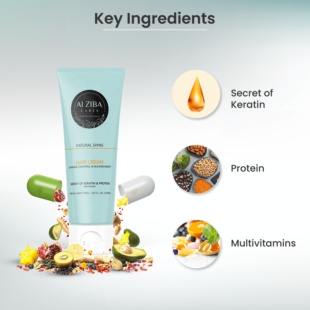Natural Shine Hair Cream with Secret of Keratin, Protein & Multivitamins-150ML - ALZIBA CARES