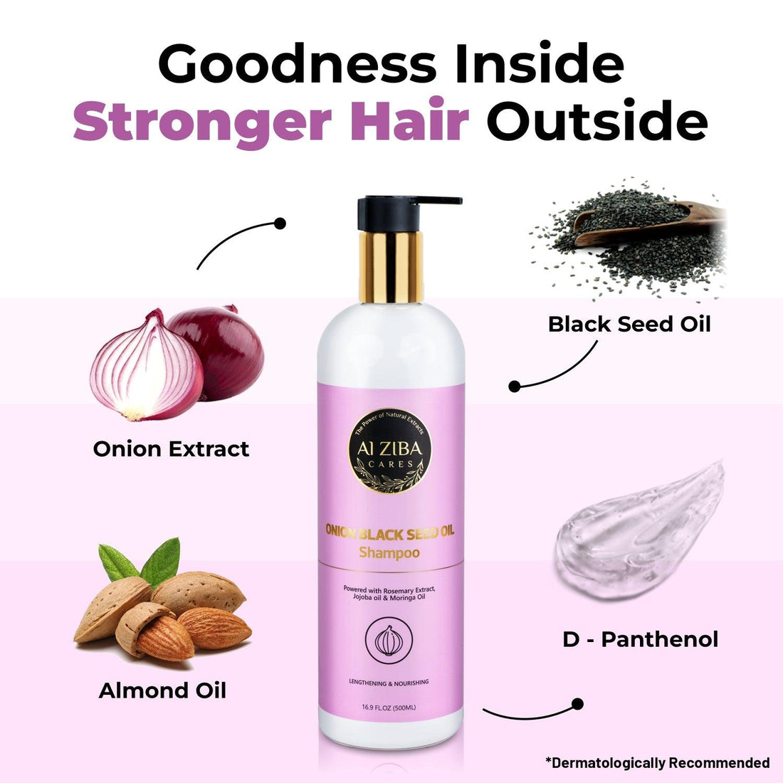 Onion and Black Seed Oil Shampoo with Rosemary Extract, Jojoba oil and Moringa Oil- Lengthening and Nourishing- 500 ML - ALZIBA CARES