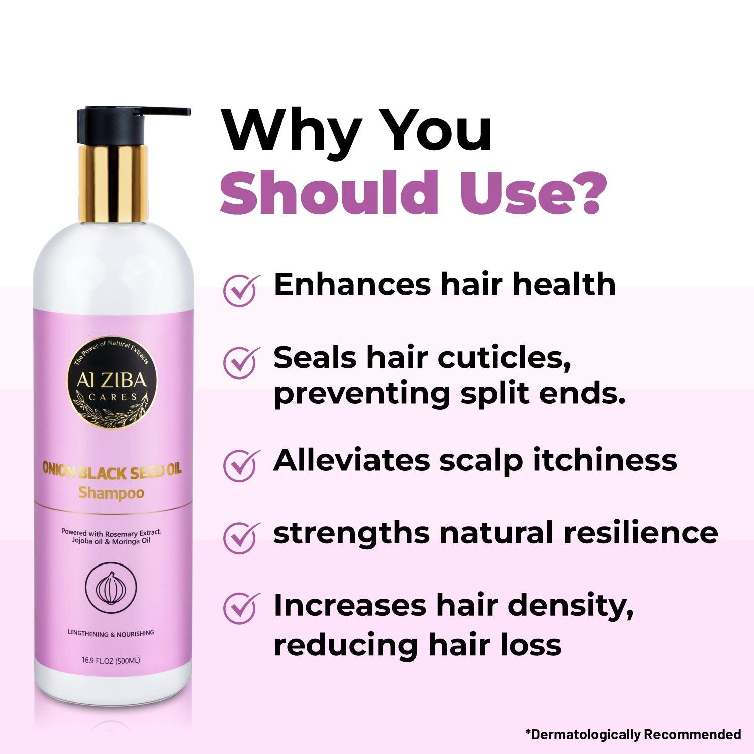 Onion and Black Seed Oil Shampoo with Rosemary Extract, Jojoba oil and Moringa Oil- Lengthening and Nourishing- 500 ML - ALZIBA CARES